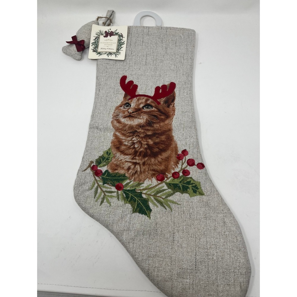 Ridgefield Home Holiday Collection Embroidered Cat with Antlers Stocking